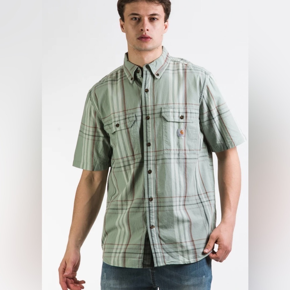 Carhartt Men’s S/S Loose Fit Mid Weight Green Plaid Shirt Workwear Medium